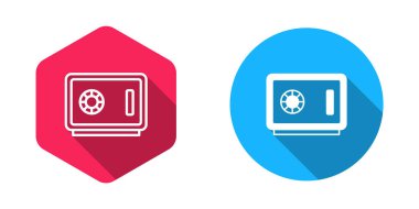 Doldurulmuş ve ana hatları çizilmiş güvenli simge uzun gölge arkaplanı ile izole edilmiş. Kapı, şifreli bir banka kasası. Güvenilir Veri Koruma. Vektör.