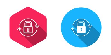 Doldurulmuş ve ana hat Kilit simgesi uzun gölge arkaplanı ile izole edildi. Asma kilit işareti. Güvenlik, güvenlik, koruma, gizlilik kavramı. Vektör.