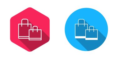 Doldurulmuş ve ana hatlı kağıt poşet ikonu izole edilmiş uzun gölgeli arka plan. Paket işareti. Vektör.