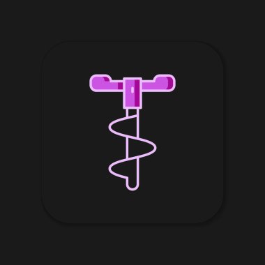 Siyah arka planda izole edilmiş, kışın balık avlama ikonu olarak kullanılan El matkabı. Düz çizgili, gölgeli. Vektör.