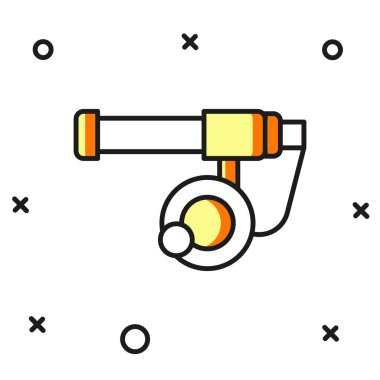 Doldurulmuş ana hatlı olta simgesi beyaz arkaplanda izole edildi. Büyük bir balık yakala. Balıkçılık ekipmanları ve balık çiftliği konuları. Düz çizgili, gölgeli. Vektör.