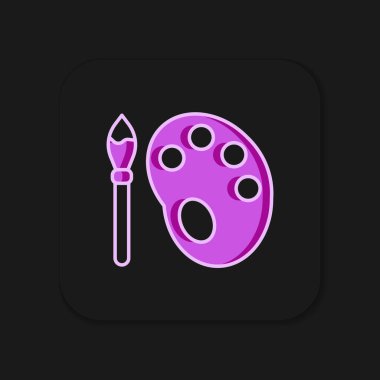 Siyah arkaplanda izole edilmiş palet simgesiyle ana hatlı boya fırçası. Düz çizgili, gölgeli. Vektör.