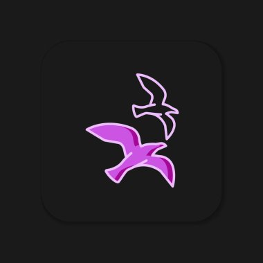 Doldurulmuş ana hatlı martı simgesi siyah arkaplanda izole edildi. Düz çizgili, gölgeli. Vektör.