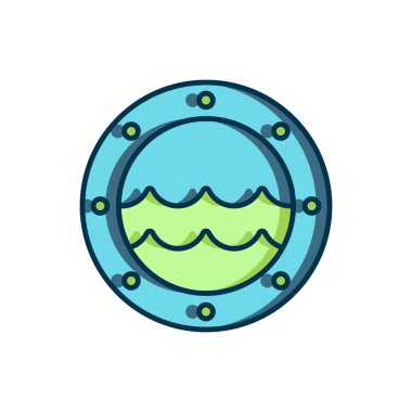 Ana hatlı gemi penceresi perçin ve beyaz arka planda izole edilmiş deniz manzaralı simgelerle dolu. Düz çizgili, gölgeli. Vektör.