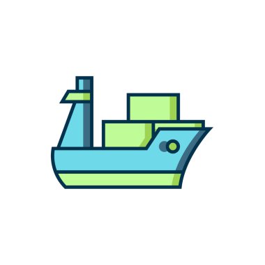 Doldurulmuş ana hatlı kargo gemisi simgesi beyaz arkaplanda izole edildi. Düz çizgili, gölgeli. Vektör.