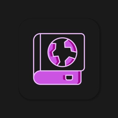 Dünya 'nın ana hatlarıyla doldurulmuş ve siyah arka planda izole edilmiş bir kitap ikonu. Dünya ya da Dünya işareti. Küresel internet sembolü. Geometrik şekiller. Düz çizgili, gölgeli. Vektör.