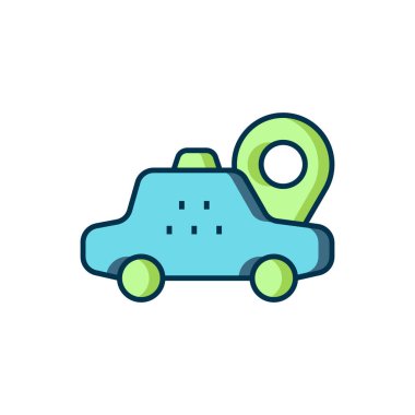 Beyaz arkaplanda izole edilmiş taksi arabası simgesiyle ana hatları doldurulmuş. Konum sembolü. Düz çizgili, gölgeli. Vektör.