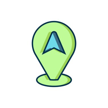 Beyaz arkaplanda izole edilmiş taksi arabası simgesiyle ana hatları doldurulmuş. Konum sembolü. Düz çizgili, gölgeli. Vektör.