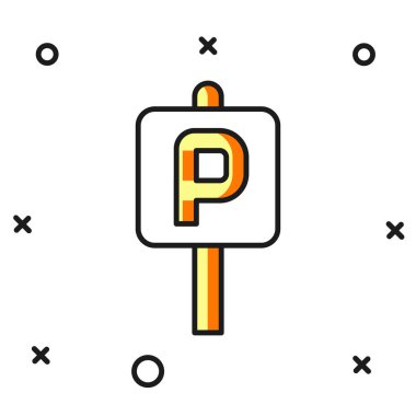 Doldurulmuş ana hatlı park simgesi beyaz arkaplanda izole edildi. Sokak tabelası. Düz çizgili, gölgeli. Vektör.