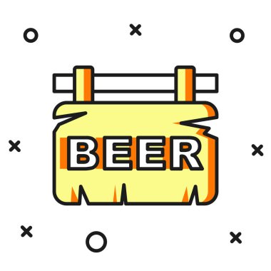 Beyaz arkaplanda izole edilmiş bira simgesi ile ana hatları doldurulmuş sokak tabelası. Reklamlar için uygun bar, kafe, bar, restoran. Düz çizgili, gölgeli. Vektör.