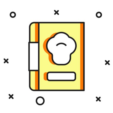 Doldurulmuş ana hatlı yemek kitabı simgesi beyaz arkaplanda izole edildi. Yemek kitabı ikonu. Yemek tarifi kitabı. Çatal ve bıçak ikonları. Çatal bıçak sembolü. Düz çizgili, gölgeli. Vektör.