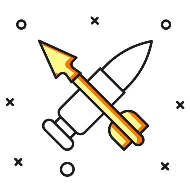 Beyaz arka planda izole edilmiş ok simgesiyle çizilmiş çapraz mermi. Düz çizgili, gölgeli. Vektör.