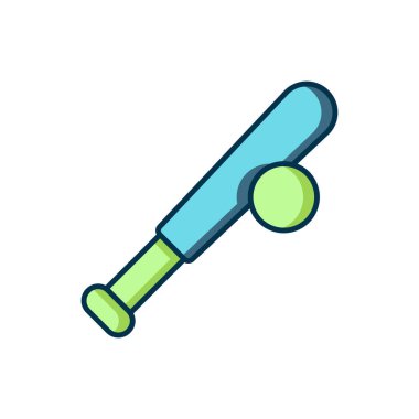 Beyzbol sopasıyla doldurulmuş ve beyaz zemin üzerinde top ikonu var. Düz çizgili, gölgeli. Vektör.