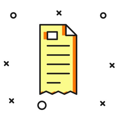 Doldurulmuş kağıt kontrolü ve mali kontrol simgesi beyaz arka planda izole edildi. Kağıt baskı çeki, makbuz ya da fatura. Düz çizgili, gölgeli. Vektör.