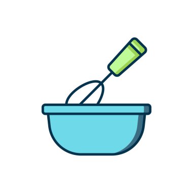 Beyaz arkaplanda izole edilmiş kase ikonu ile ana hatlarıyla pişirme çırpma fırçası. Mutfak aletleri, yumurta çırpıcı. Çatal bıçak seti. Yemek karışımı sembolü. Düz çizgili, gölgeli. Vektör.