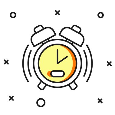 Doldurulmuş alarm saat simgesi beyaz arkaplanda izole edildi. Uyan, kalk konsepti. Zaman işareti. Düz çizgili, gölgeli. Vektör.