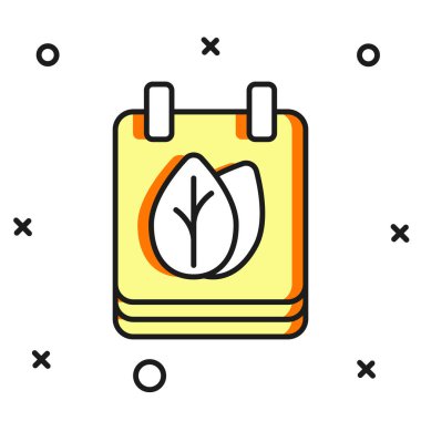 Beyaz arkaplanda izole edilmiş sonbahar yaprakları ikonu ile özet takvimi dolduruldu. Düz çizgili, gölgeli. Vektör.