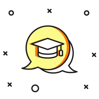 Beyaz arkaplanda izole edilmiş konuşma baloncuğu simgesinde özet doldurulmuş. Tassel ikonlu mezuniyet şapkası. Düz çizgili, gölgeli. Vektör.