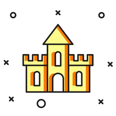 Doldurulmuş Kum Kalesi simgesi beyaz arkaplanda izole edildi. Düz çizgili, gölgeli. Vektör.