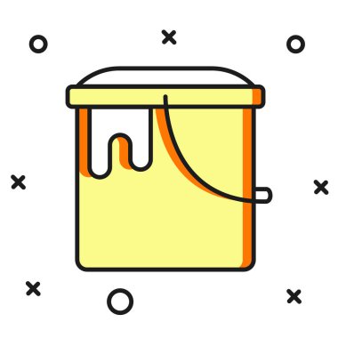 Beyaz arkaplanda izole edilmiş ana hatlı boya kovası simgesi. Düz çizgili, gölgeli. Vektör.