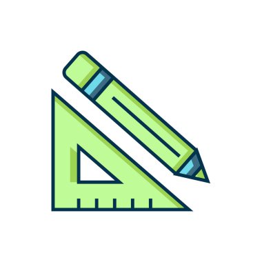 Beyaz arkaplanda izole edilmiş üçgen cetvel ve kalem simgesi dolduruldu. Düz sembol. Çizim ve eğitim araçları. Düz çizgili, gölgeli. Vektör.