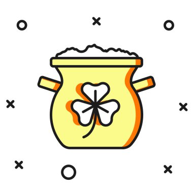 Beyaz arkaplanda izole edilmiş altın sikke simgesi ana hatlarıyla doldurulmuş. Aziz Patrick gününüz kutlu olsun. Ulusal İrlanda bayramı. Düz çizgili, gölgeli. Vektör.