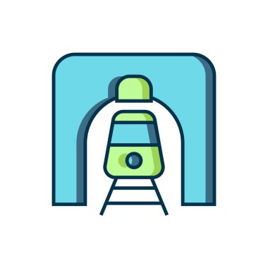 Demiryolu tünel ikonunda ana hatlarıyla doldurulmuş tren beyaz arka planda izole edilmiş. Demiryolu tüneli. Düz çizgili, gölgeli. Vektör.