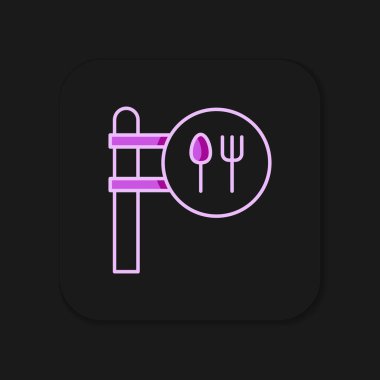 Kafe ve restoran lokasyonu simgesi siyah arka planda izole edildi. Noktanın içinde çatal ve kaşık yeme işareti var. Düz çizgili, gölgeli. Vektör..