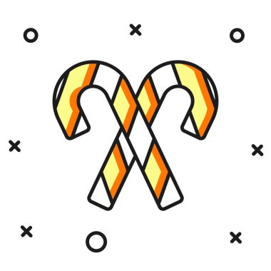 Beyaz arka planda izole edilmiş çizgili çizgili Noel şekeri ikonu. Mutlu Noeller ve mutlu yıllar. Düz çizgili, gölgeli. Vektör.