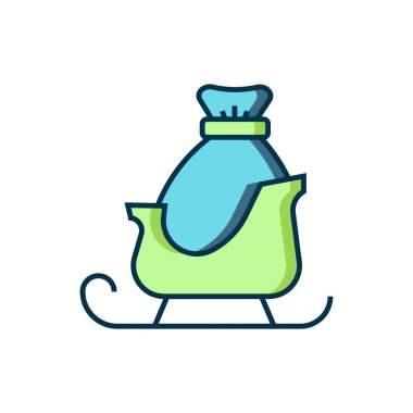 Beyaz arka planda izole edilmiş çuval torba ikonuyla Noel Baba kızağı doldurulmuş. Mutlu Noeller ve mutlu yıllar. Düz çizgili, gölgeli. Vektör.