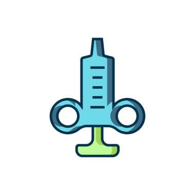 Doldurulmuş Şırınga simgesi beyaz arkaplanda izole edildi. Aşı için şırınga, aşı, iğne, grip aşısı. Tıbbi ekipman. Düz çizgili, gölgeli. Vektör.