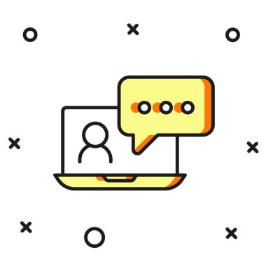 Beyaz arkaplanda izole edilmiş ana hatlı görüntülü sohbet ikonu. Çevrimiçi iş görüşmesi formu. Uzak proje yönetimi. Düz çizgili, gölgeli. Vektör.