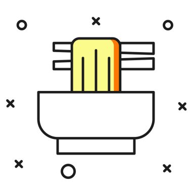 Beyaz arka planda izole edilmiş ana hatlı Asya erişteleri ve yemek çubukları ikonu. Sokak yemeği. Kore, Japon, Çin yemekleri. Düz çizgili, gölgeli. Vektör.