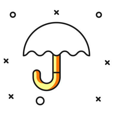 Beyaz arkaplanda izole edilmiş klasik açık şemsiye simgesi. Yağmur koruma sembolü. Düz çizgili, gölgeli. Vektör.