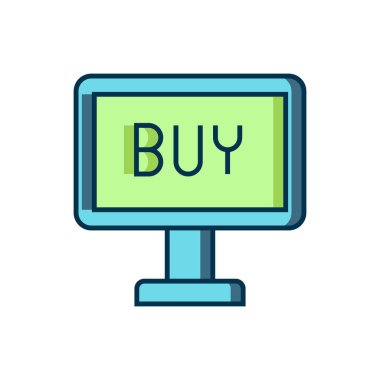 Doldurulmuş ana hatlı Buy düğmesi simgesi beyaz arkaplanda izole edildi. Düz çizgili, gölgeli. Vektör.