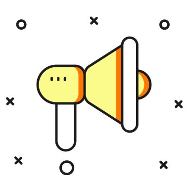 Doldurulmuş ana hatlı Megafon simgesi beyaz arkaplanda izole edildi. Sözcü işareti. Düz çizgili, gölgeli. Vektör.