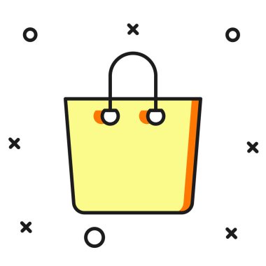 Doldurulmuş kağıt poşet ikonu beyaz arka planda izole edilmiş. Paket işareti. Düz çizgili, gölgeli. Vektör.