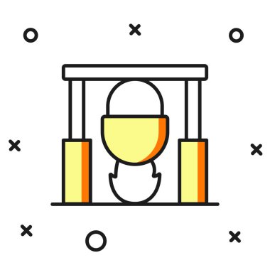 Kamp ateşi ve tencere simgesi doldurulmuş, beyaz arka planda izole edilmiş. Ateş kampı, yakacak odun ve alevlerin üzerinde kazanda pişiyor. Düz çizgili, gölgeli. Vektör.