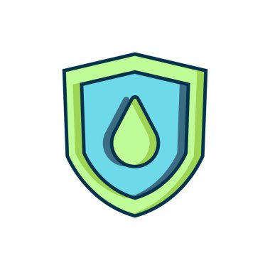 Beyaz arkaplanda izole edilmiş kalkan simgesine yağ damlası dolduruldu. Düz çizgili, gölgeli. Vektör.