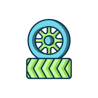 Otomobil tekeri simgesi beyaz arka planda izole edilmiş. Düz çizgili, gölgeli. Vektör.