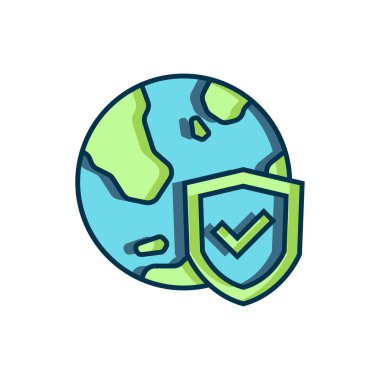 Taslak Kalkan 'ı beyaz arka planda izole edilmiş dünya küresi ikonu ile doldurdum. Sigorta konsepti. Güvenlik, güvenlik, koruma, gizlilik kavramı. Düz çizgili, gölgeli. Vektör.