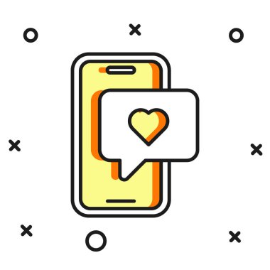 Özet olarak Smartphone 'u kalp emoji konuşma balonuyla doldurdum. Beyaz arkaplanda izole edilmiş ekran simgesine mesaj gönder. Sevgililer Günü. Düz çizgili, gölgeli. Vektör.