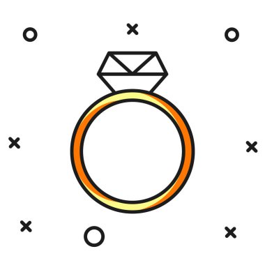 Doldurulmuş elmas nişan yüzüğü ikonu beyaz arka planda izole edilmiş. Düz çizgili, gölgeli. Vektör.