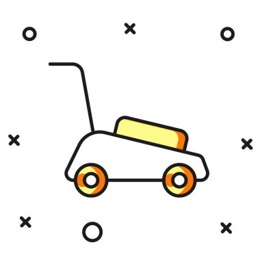 Doldurulmuş çim biçme makinesi simgesi beyaz arkaplanda izole edildi. Çim biçme makinesi çim biçiyor. Düz çizgili, gölgeli. Vektör.