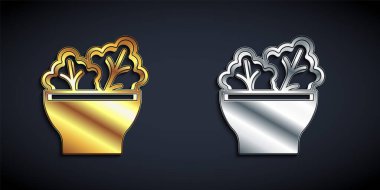 Siyah arka planda izole edilmiş kase ikonunda altın ve gümüş salata. Taze sebze salatası. Sağlıklı beslenme. Uzun gölge tarzı. Vektör.