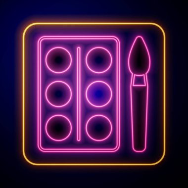 Parlayan neon renkli suluboya boyaları siyah arkaplanda izole edilmiş boya fırçası ikonu ile kutuda. Vektör.
