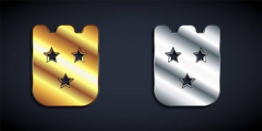 Siyah arka planda altın ve gümüş piyango bileti ikonu var. Bingo, loto, nakit para ödülleri. Finansal başarı, refah, zafer, kazanma şansı. Uzun gölge tarzı. Vektör.