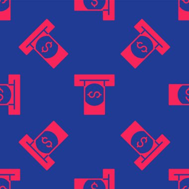 Kırmızı ATM - Otomatik veznedar ve para ikonu mavi arka planda kusursuz desen izole etti. Vektör.