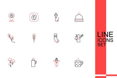 Bir bardak çay, mısırlı termos mantar konteynırı, çıplak ağaç çorabı, yaprak ve ikon. Vektör.