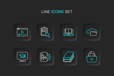 Sınav kağıdında A + dereceli mezuniyet konuşma balonu Cloud online kütüphanesi online sınıf sınav anketi ve video simgesi ile çalışan satır öğrencisini ayarla. Vektör.